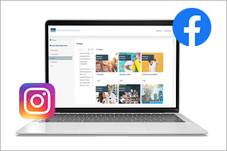 Bildschirmansicht vom HÖREX Social-Media-Posting-Service mit Navigationsmenü und Ansicht einiger Content-Vorlagen